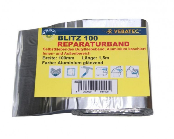 Vebatec Blitz Butyl Reparaturband Aluminium-glänzend 100mm x 1,5m, 108