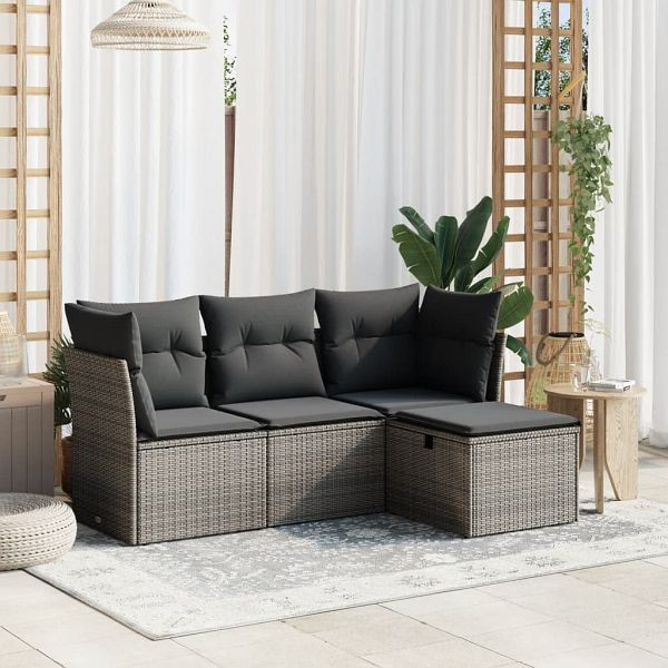 vidaXL 4-teilig Garten-Sofagarnitur mit Kissen Grau Poly Rattan, 3263116