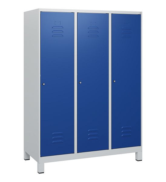 C+P Umkleidespind Classic PLUS, Füße, 3 Abteile, 1630x1200x500mm, 7035/5010, Zylinderschlösser, 0800105-32 S10018