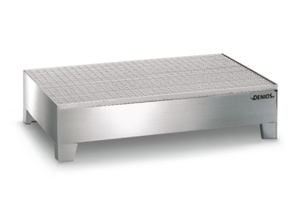 DENIOS Auffangwanne aus Edelstahl für 2 Fässer à 200 Liter, 850 x 1342 x 325 mm, mit Gitterrost, 328444