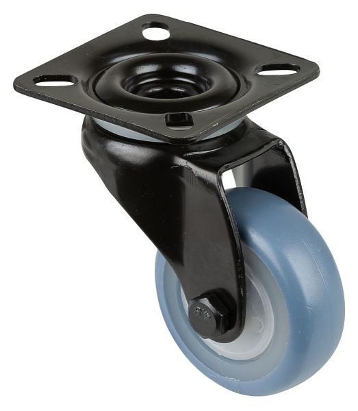 BS Rollen Lenkrolle schwarz, thermoplastisches Gummirad hellblau, Felge natur, Kugellager, Platte, Durchmesser: 50 mm, VE: 8 Stück, A800.A85.050.05