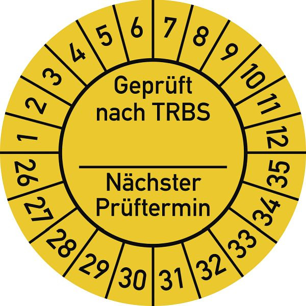 Moedel Prüfplakette Geprüft nach TRBS...2026 - 2035, Folie, Ø 30 mm, VE: 10 Stück/Bogen, 107213