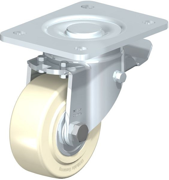Blickle LH-GSPO 100K-3-ST Stahlblech-Lenkrolle, Schwerlast-Ausführung, mit Anschraubplatte & Feststeller, Gusspolyamid, Weiß, 694026