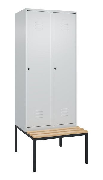 C+P Umkleidespind Classic PLUS, mit untergebauter Sitzbank, 2 Abteile, 2120x800x815mm, 7035/7035, Zylinderschlösser, Buche-Sitzleisten, 0800507-22 S10053