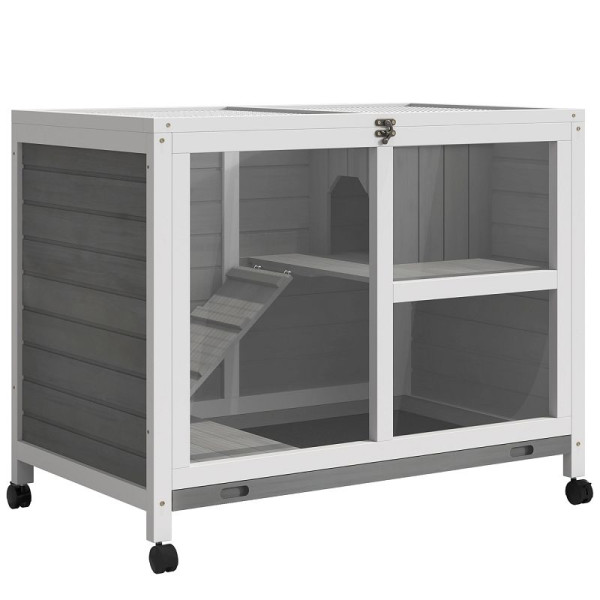 PawHut Kleintierstall mit 2 Ebenen 4 Rollen versiegeltes Tannenholz Grau, D51-124GY