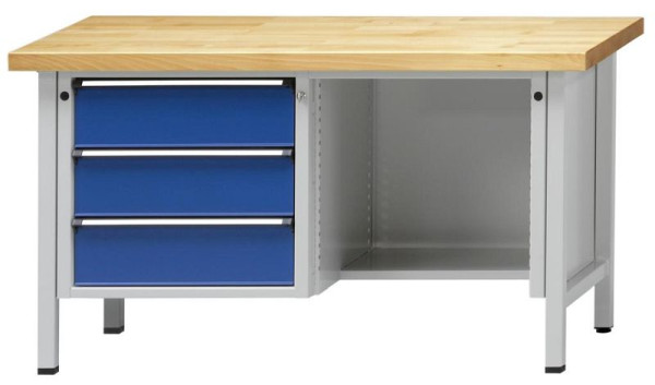 ANKE Werkbänke Kastenwerkbank; 1500x700x900 mm; RAL 7035/5010; Buche-Massiv-Platte 50 mm; Links 3 Schubladen 180 mm; Rechts zurückgesetzter Boden, 300.603