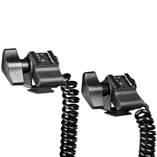 Walimex 2-fach Spiral-Blitzkabel Panasonic, mit schwenkbaren Blitzadaptern für 2 Kompaktblitzgeräte, Steckfüße arretierbar, 1017647