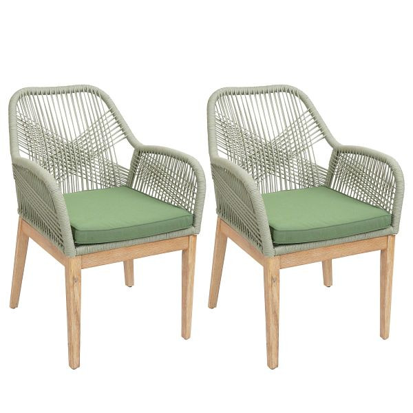 Mendler 2er-Set Gartenstuhl HWC-H56b, Sessel Outdoor, wetterfest Seilgeflecht Rope Holz Akazie, grün Kissen grün, 2x110413