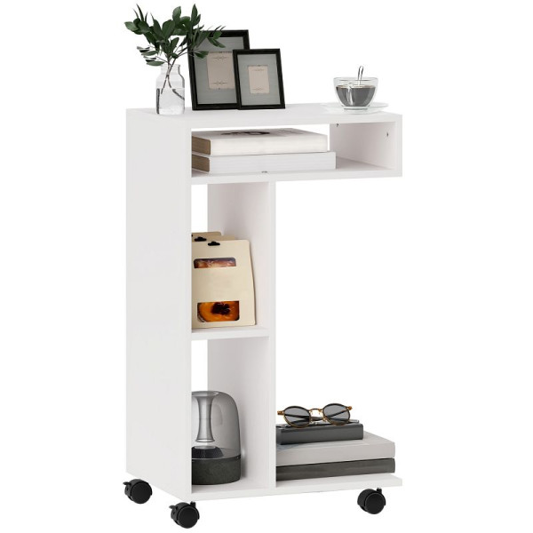 HOMCOM Beistelltisch, C-förmiger Servierwagen, 4 Rollen, 3 Fächer, 40 x 30 x 69 cm, Weiß, 83B-215V90WT