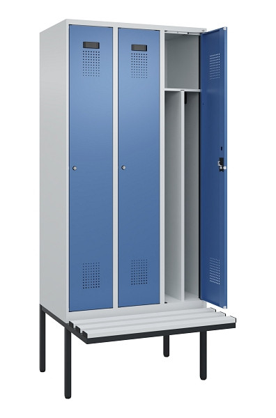 C+P Spind Evolo PLUS, 3 Abteile, 2120x900x815mm, 7035/5023, Haken 4, Zylinderschloss, Material Sitzfläche Kunststoff, 0490407-30F S10089