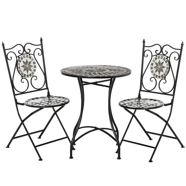Outsunny Garten Sitzgruppe für 2 Personen Balkonmöbel Set Mosaiktisch+faltbare Stühle Metall Keramikfliese Mehrfarbig, 84B-525