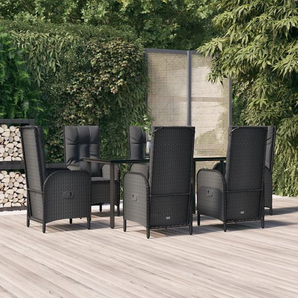 vidaXL 7-teilig Garten-Essgruppe mit Kissen Schwarz Poly Rattan, 3185192