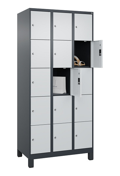 C+P Schließfachschrank Evolo PLUS, mit Füßen, 15 Fächer, 1950x900x500mm, 7016/7, Frontfarbe RAL 7035 Lichtgrau, 049010-305 S10017