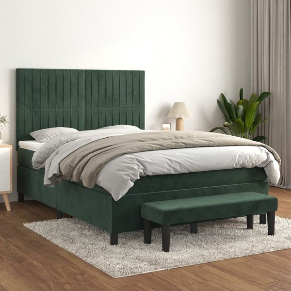vidaXL Boxspringbett mit Matratze Dunkelgrün 140x200 cm Samt, 3137968