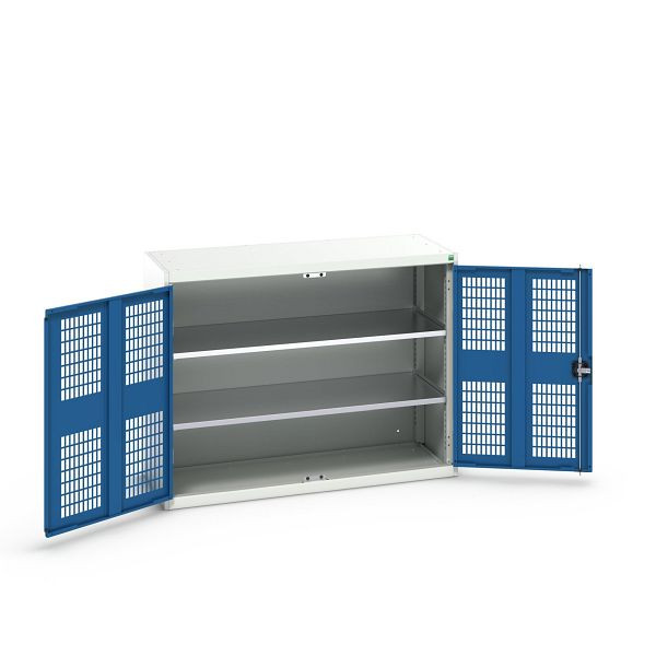 bott verso Flügeltürschrank mit Belüftung, mit 2 Fachböden, BxTxH: 1300 x 550 x 1000 mm, Lichtgrau / Enzianblau, 16926782.11