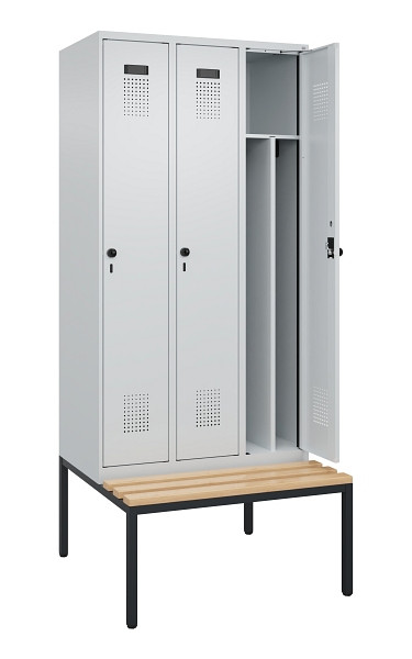 C+P Spind Evolo PLUS, 3 Abteile, 2120x900x815mm, 7035/7035, Haken 4, Drehriegel, Sitzfläche Buche-Hartholz, Sitzbank, 0490507-30F S10013