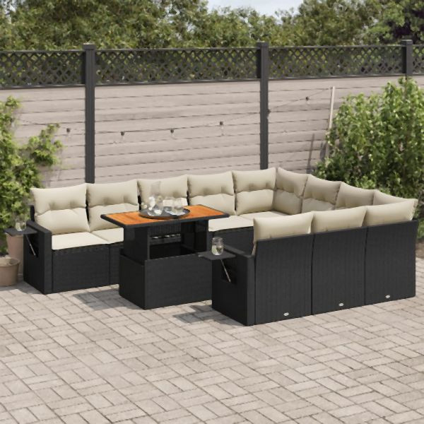 vidaXL 11-tlg. Garten-Sofagarnitur mit Kissen Schwarz Poly Rattan, 3327199