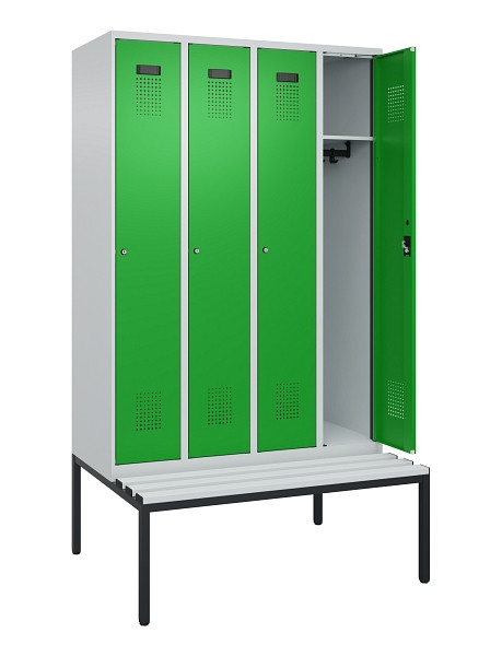 C+P Spind Evolo PLUS, 4 Abteile, 2120x1200x815mm, 7035/6037, Haken 3, Zylinderschloss, Sitzfläche Kunststoff, Sitzbank, 0490507-40 S10092