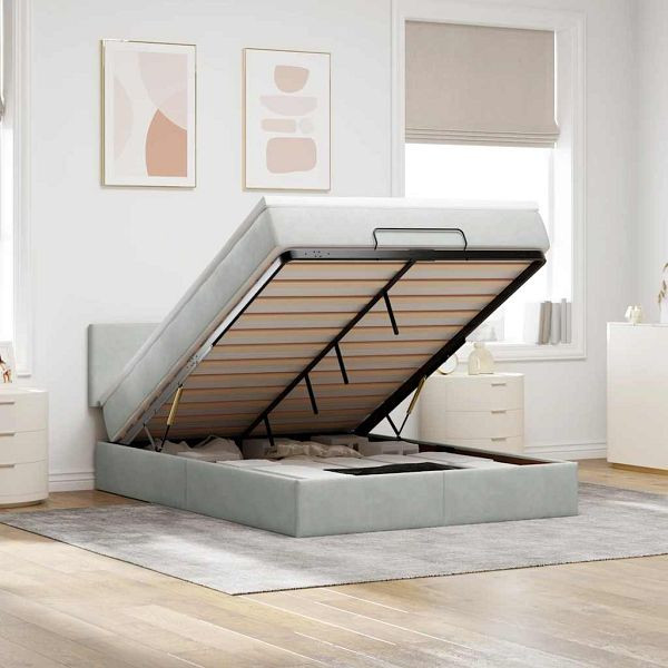 vidaXL Ottoman-Bett mit Matratze & LEDs Hellgrau 140x200 cm Samt, 3312554