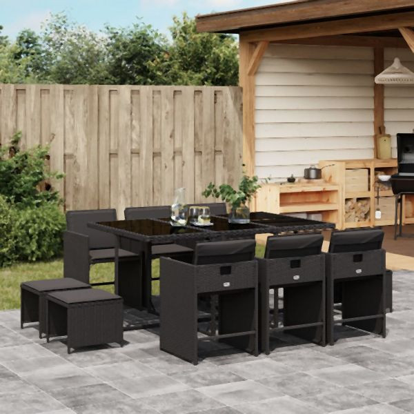 vidaXL 11-tlg. Garten-Essgruppe mit Kissen Schwarz Poly Rattan, 3211147