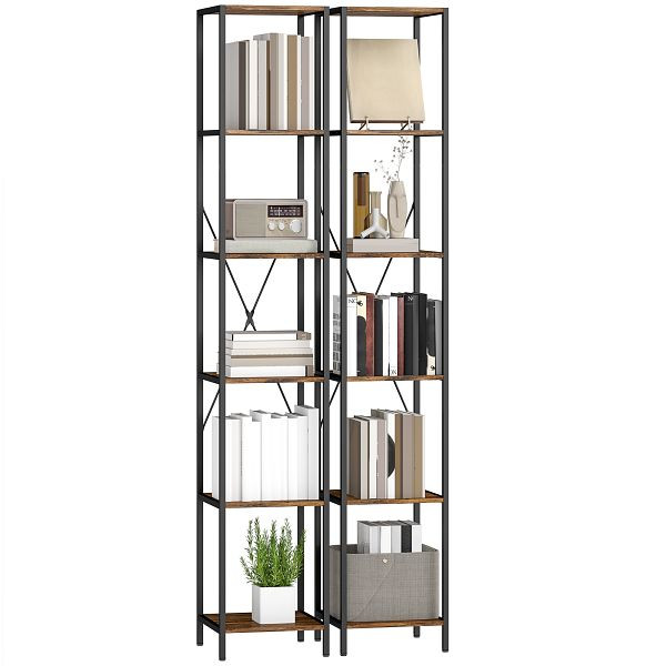 HOMCOM 2er-Set 6-Ebenen-Bücherregal, Stahlrahmen, für Wohnzimmer, Büro, Schlafzimmer, Rustikal-Braun, 836-657V00RB