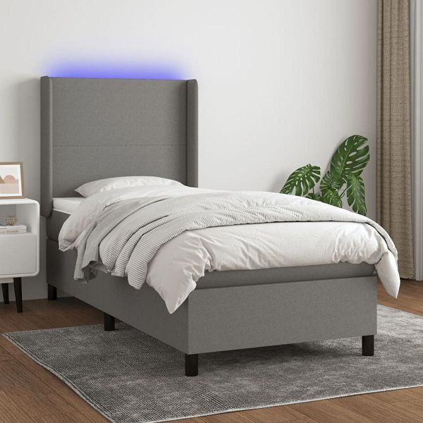 vidaXL Boxspringbett mit Matratze & LED Dunkelgrau 90x200 cm Stoff, 3138126