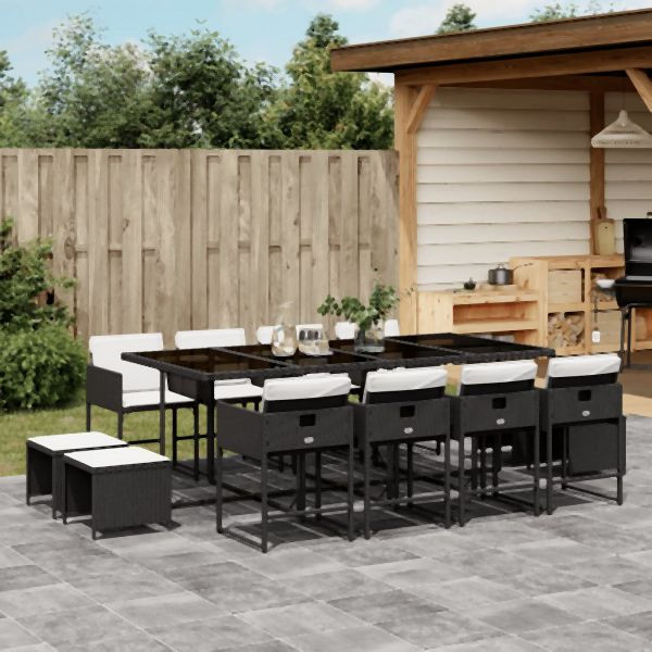 vidaXL 13-tlg. Garten-Essgruppe mit Kissen Schwarz Poly Rattan, 3211338