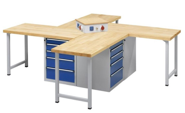 ANKE Werkbänke 4-Eck-Gruppenwerkbank; 4 Arbeitsplätze; 3000x3000x900 mm; RAL 7035/5010; Buche-Massiv-Platte 50 mm; sternförmig, 440.204