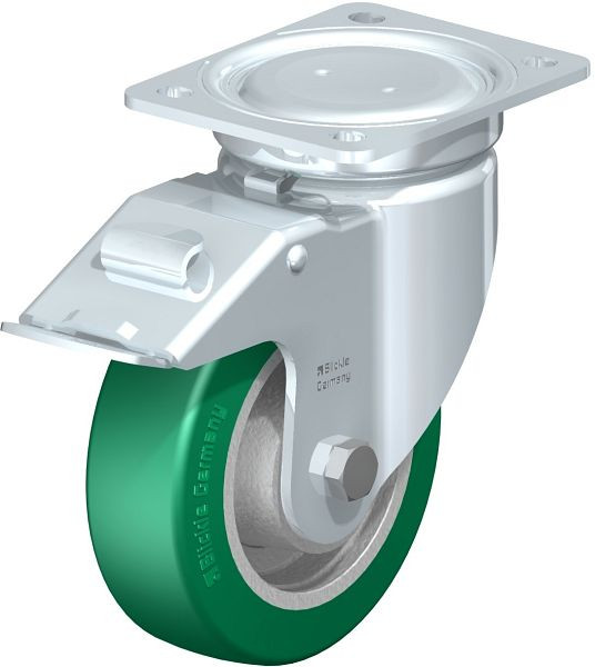 Blickle LU-GST 150K-FI Stahlblech-Lenkrolle, schwere, geschlossene Ausführung, mit Anschraubplatte & Feststeller, Blickle Softhane®, Grün, 755102