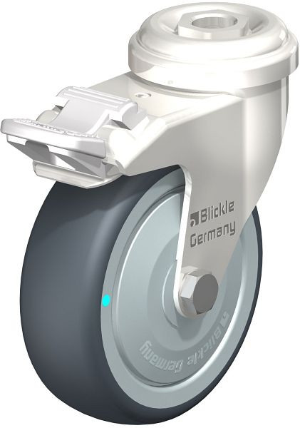 Blickle LRXA-TPA 75KD-FI-FK Edelstahl-Apparate-Lenkrolle mit Rückenloch & Feststeller, Thermoplastisches Gummi-Elastomer, Grau, 755006