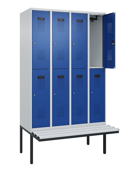C+P Doppelstock-Spind Evolo PLUS, Bank, 8 Fächer, 2120x1200x815mm, 7035/5010, Zylinderschloss, Sitzfläche Kunststoff, 0493407-40 S10114