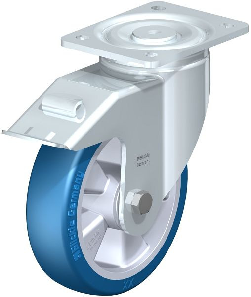 Blickle LH-ALBS 180K-FI Stahlblech-Lenkrolle, Schwerlast-Ausführung, mit Anschraubplatte & Feststeller, Blickle Besthane® Soft, Blau, 754576