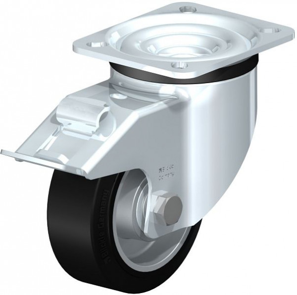 Blickle LK-ALEV 100K-1-FI Stahlblech-Lenkrolle, schwere Ausführung, mit Anschraubplatte & Feststeller, Elastik-Vollgummi, Schwarz, 610709