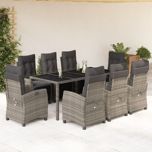 vidaXL 9-teilig Garten-Essgruppe mit Kissen Grau Poly Rattan, 3212899