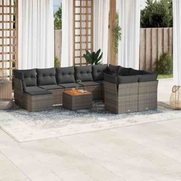 vidaXL 11-tlg. Garten-Sofagarnitur mit Kissen Grau Poly Rattan, UV-beständig, 3223974