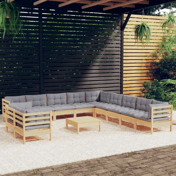 vidaXL 12-teilig Garten-Lounge-Set mit Grauen Kissen Massivholz Kiefer, 3096928