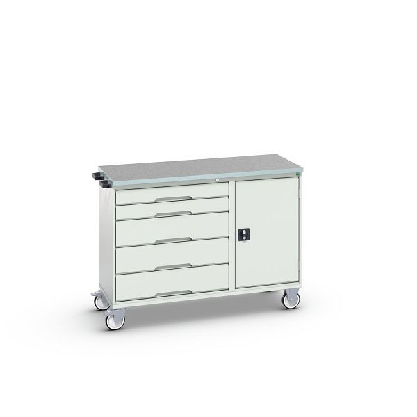 bott verso Montagewagen, mit 5 Schubladen, Tür und Linoleum-Top, BxTxH: 1300 x 600 x 980 mm, Lichtgrau / Lichtgrau, 16927150.16