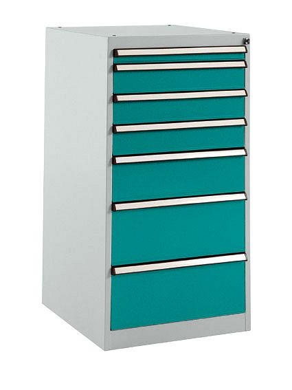Manuflex Schubfachschrank BASETEC Stationär, Nutzhöhe 900 mm mit 7 Schubfächern, in wasserblau RAL 5021, SP1137.5021