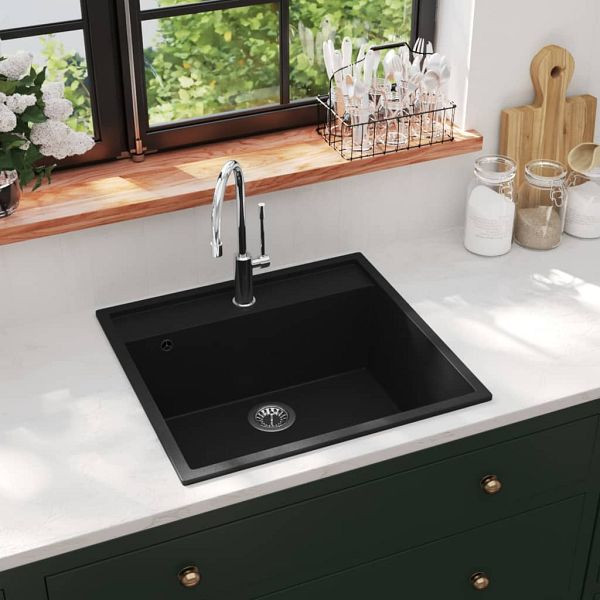 vidaXL Küchenspüle mit Überlauf Schwarz Granit, 147061, 8720286041994