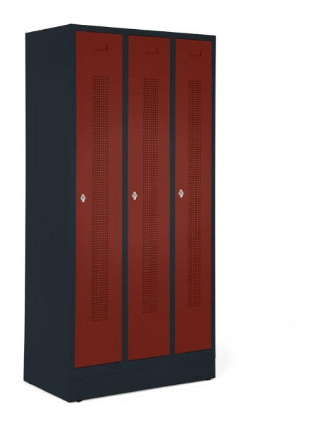 Deskin Garderobenspind mit Sockel, Rubinrot RAL 3003, 870 x 500 x 1800 mm, 3 Abteile, Korpus: Anthrazit RAL 7021, 347032