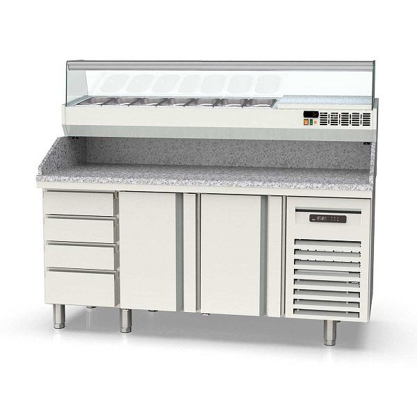 Vaiotec TOPLINE Pizzatisch 700 / 3-fach mit 2 Türen, Schubladenblock, Granitplatte grau, inkl. Kühlaufsatz, GN 1/4, Breite: 1795 mm, 11619