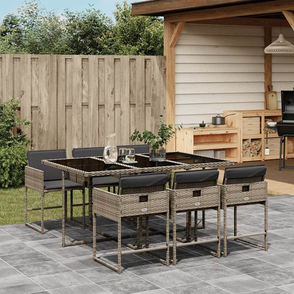 vidaXL 7-tlg. Garten-Essgruppe mit Kissen Grau Poly Rattan, UV-beständig, 3278035