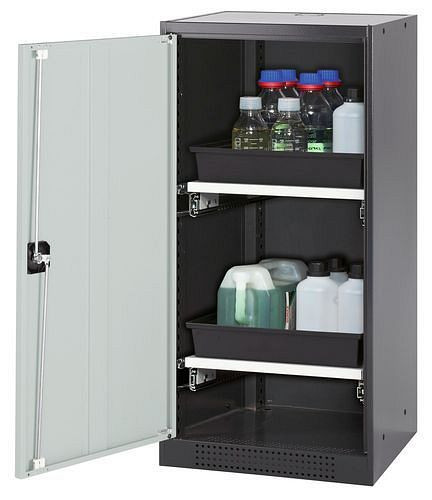 asecos Chemikalienschrank Systema-T CS-52L, Korpus anthrazit, Flügeltüren grau, 2 Tablarauszüge, 208620