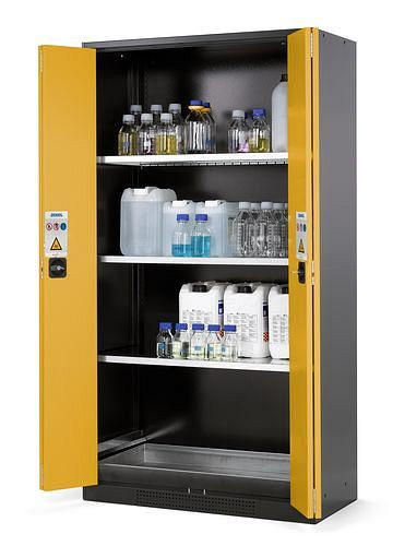 asecos Chemikalienschrank Systema CS-103F, Korpus anthrazit, gelb, 3 Einlegeböden und Bodenwanne, 202703