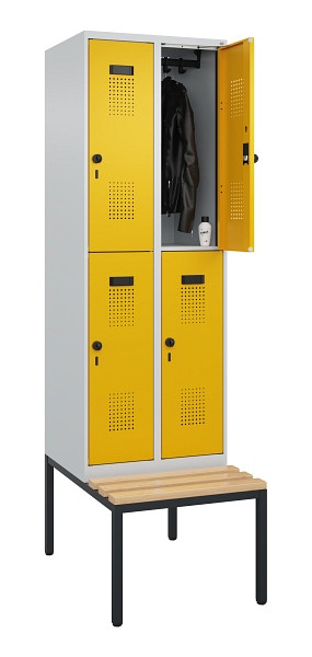 C+P Doppelstock-Spind Evolo PLUS, Bank, 4 Fächer, 2120x600x815mm, 7035/1004, Drehriegel, Sitzfläche Buche-Hartholz, Sitzbank, 0493507-20 S10000