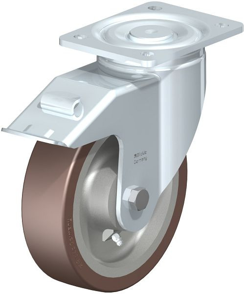 Blickle LH-GB 180K-FI Stahlblech-Lenkrolle, Schwerlast-Ausführung, mit Anschraubplatte & Feststeller, Blickle Besthane®, Braun, 754605