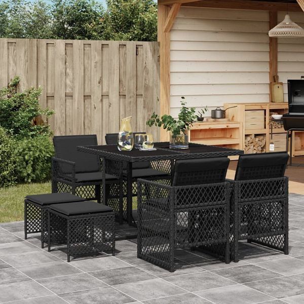vidaXL 9-teilig Garten-Essgruppe mit Kissen Schwarz Poly Rattan, 3210775