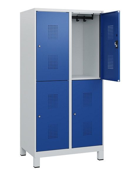 C+P Doppelstöckiger Spind Evolo PLUS, Füße, 4 Fächer, 1630x800x500mm, 7035/5010, Zylinderschloss, 0493105-22 S10029