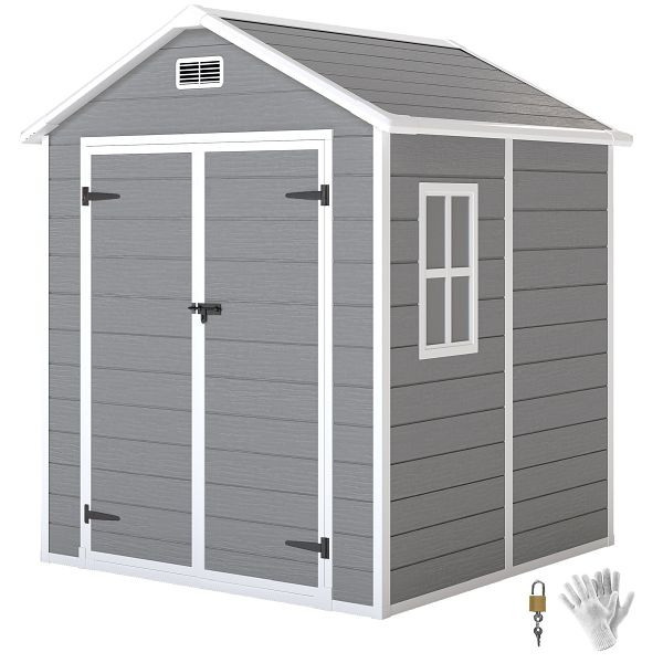Outsunny Gartenschuppen, Geräteschuppen mit Boden, verschließbare Türen, Lüftungsöffnungen, Fenster, Holzoptik, Kunststoff, Grau, 84H-160V00GY