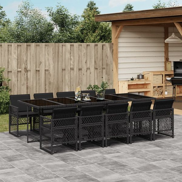 vidaXL 11-tlg. Garten-Essgruppe mit Kissen Schwarz Poly Rattan, 3210751